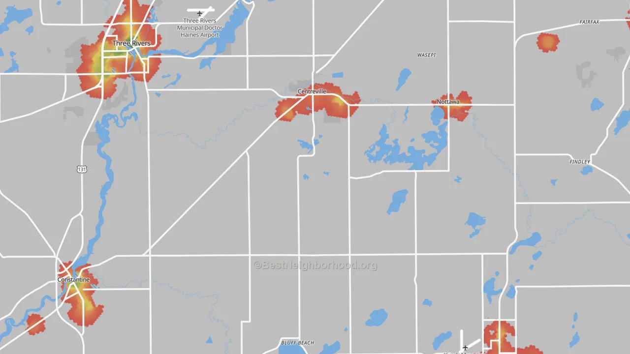 Walk Grade map of St. Joseph County, MI, walkable areas in green and car-dependent areas in red