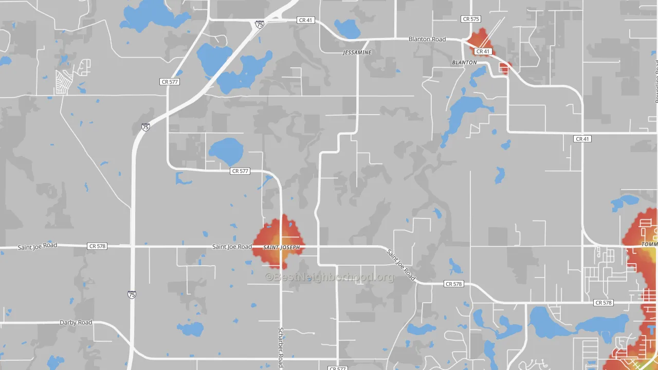 Walk Grade map of St. Joseph, FL, walkable areas in green and car-dependent areas in red