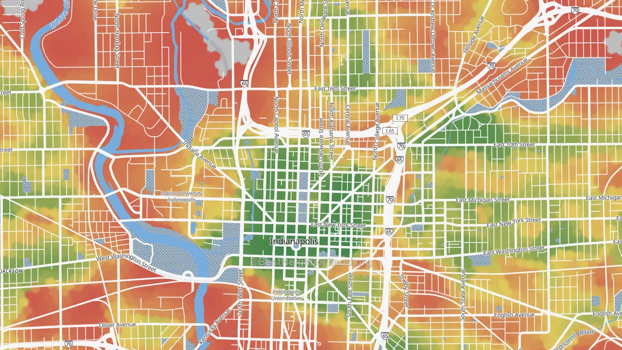 Walk Grade map of St. Joseph Historic Neighborhood, Indianapolis, IN, walkable areas in green and car-dependent areas in red