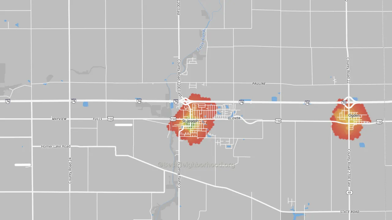 Walk Grade map of St. Joseph, IL, walkable areas in green and car-dependent areas in red