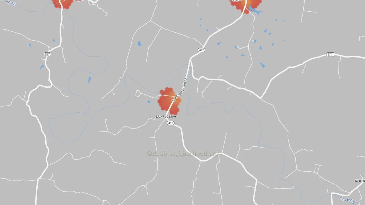 Walk Grade map of St. Joseph, KY, walkable areas in green and car-dependent areas in red