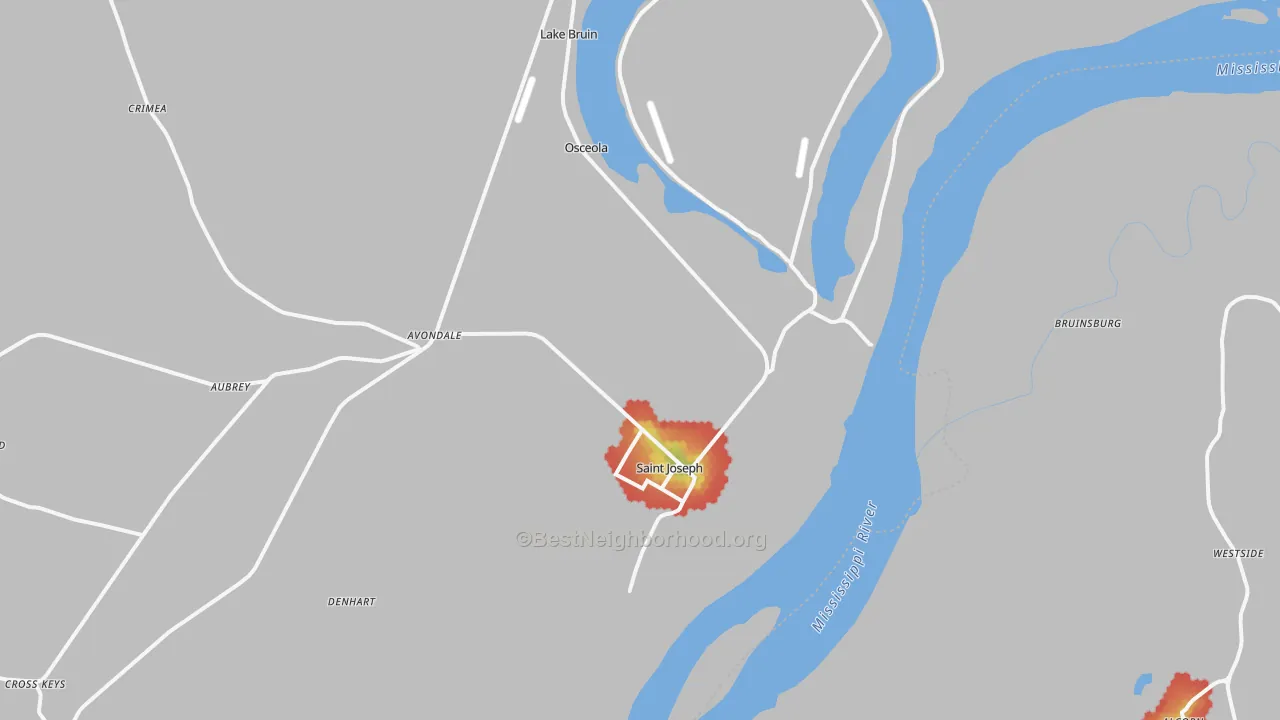 Walk Grade map of St. Joseph, LA, walkable areas in green and car-dependent areas in red