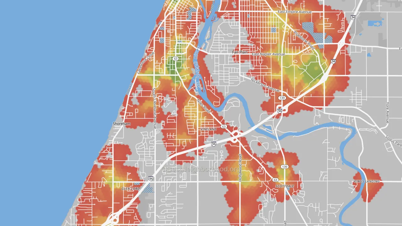 Walk Grade map of St. Joseph, MI, walkable areas in green and car-dependent areas in red