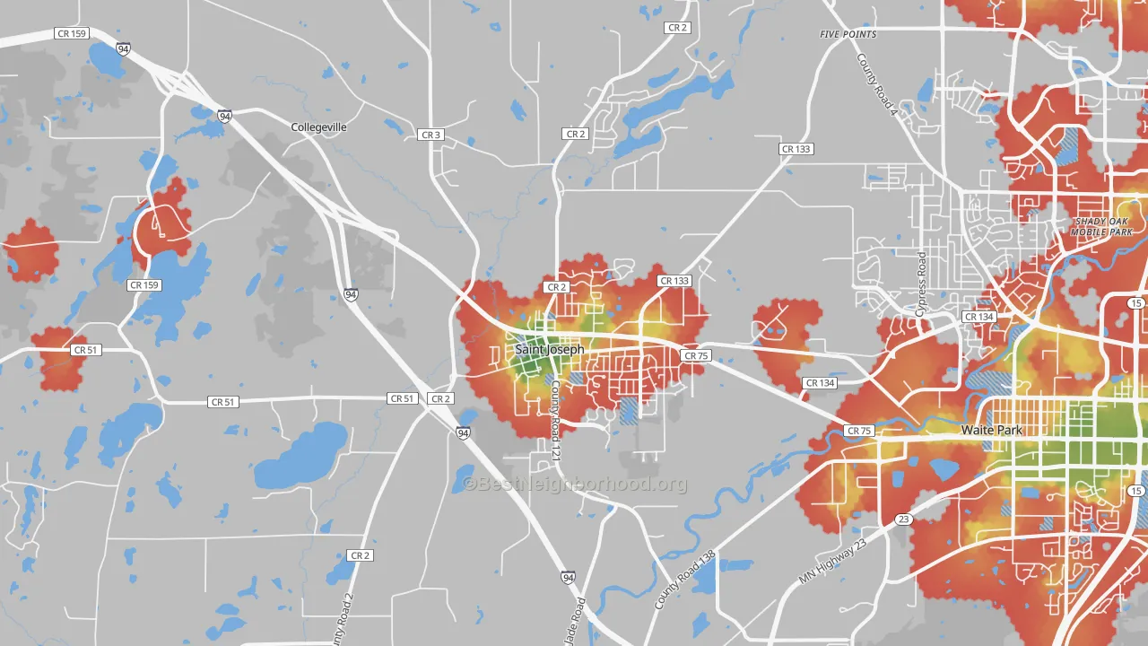 Walk Grade map of St. Joseph, MN, walkable areas in green and car-dependent areas in red