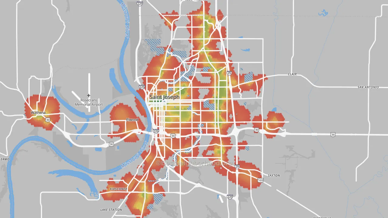 Walk Grade map of St. Joseph, MO, walkable areas in green and car-dependent areas in red