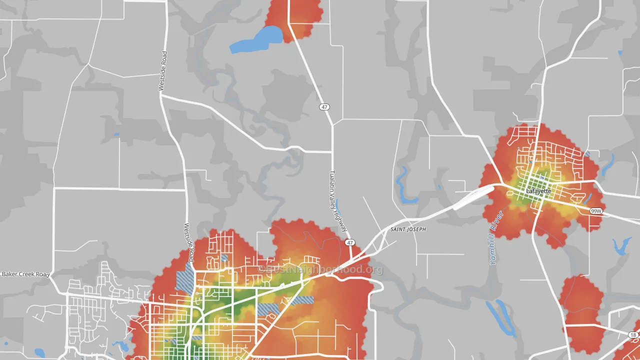 Walk Grade map of St. Joseph, OR, walkable areas in green and car-dependent areas in red