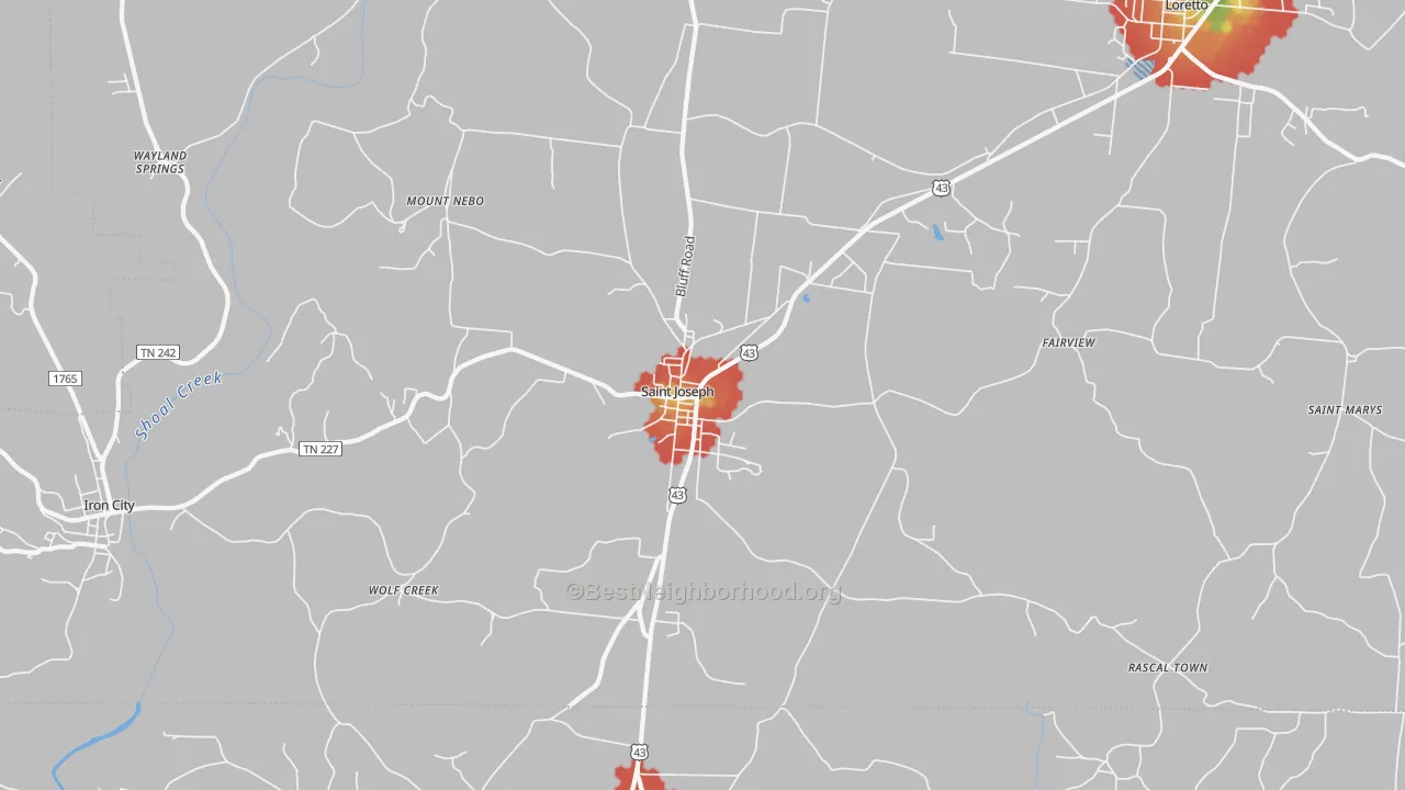Walk Grade map of St. Joseph, TN, walkable areas in green and car-dependent areas in red