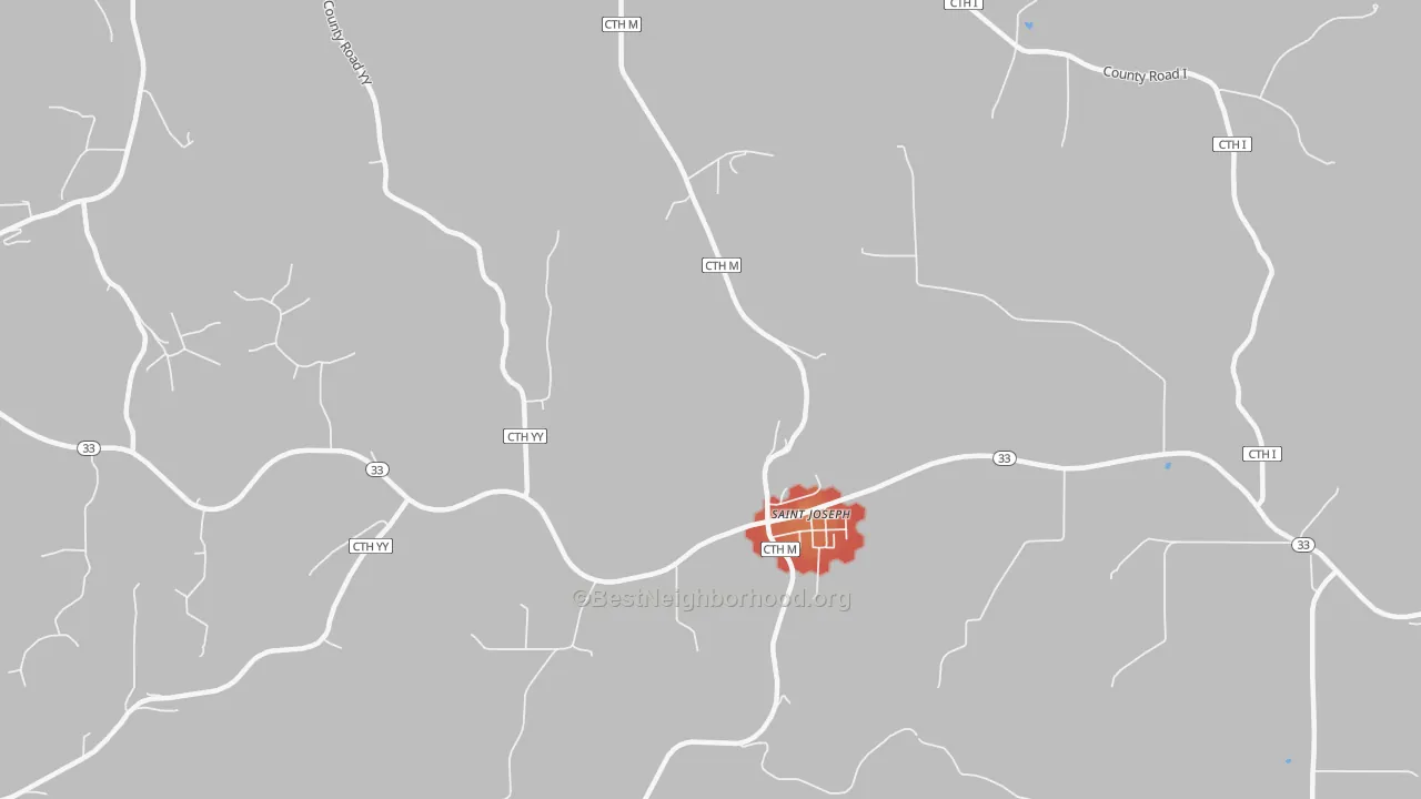 Walk Grade map of St. Joseph, WI, walkable areas in green and car-dependent areas in red