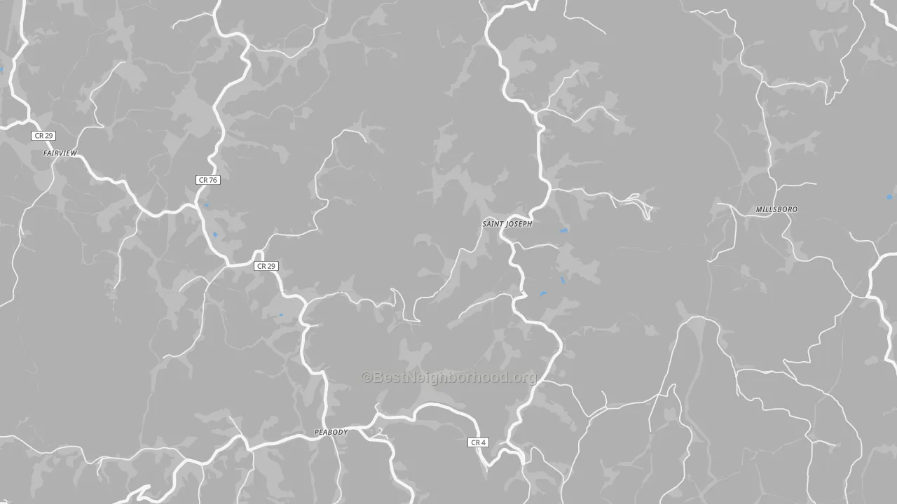 Walk Grade map of St. Joseph, WV, walkable areas in green and car-dependent areas in red