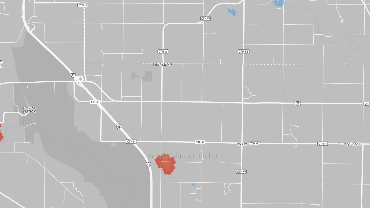 Walk Grade map of St. Kilian, WI, walkable areas in green and car-dependent areas in red