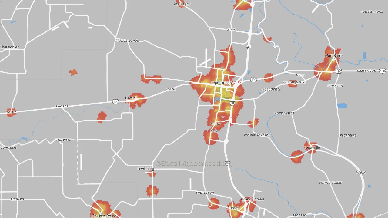 Walk Grade map of St. Landry Parish, LA, walkable areas in green and car-dependent areas in red