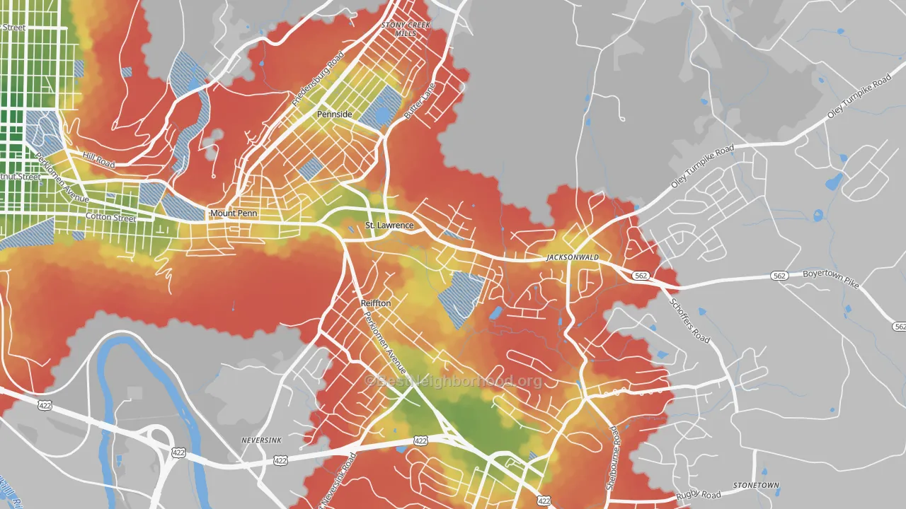 Walk Grade map of St. Lawrence, PA, walkable areas in green and car-dependent areas in red