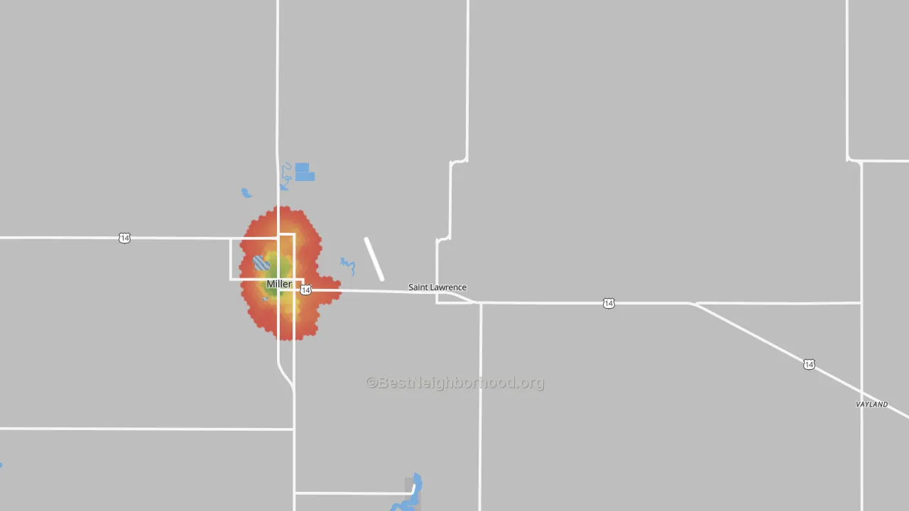 Walk Grade map of St. Lawrence, SD, walkable areas in green and car-dependent areas in red