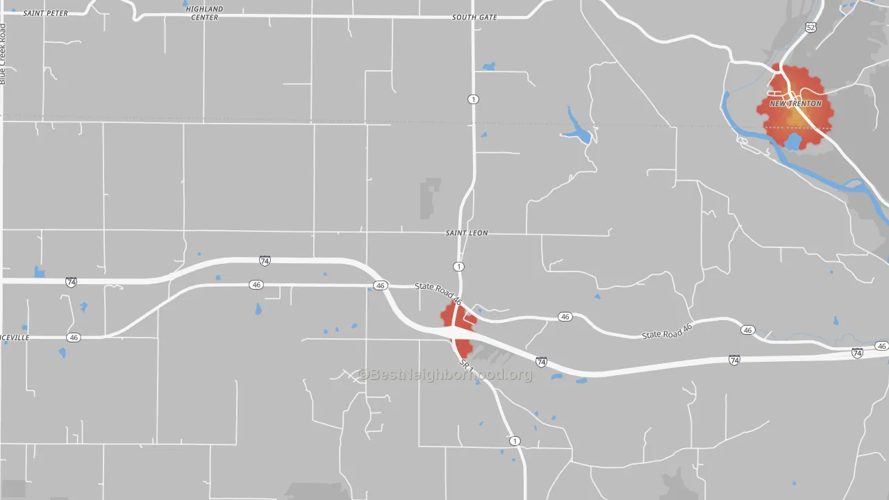 Walk Grade map of St. Leon, IN, walkable areas in green and car-dependent areas in red