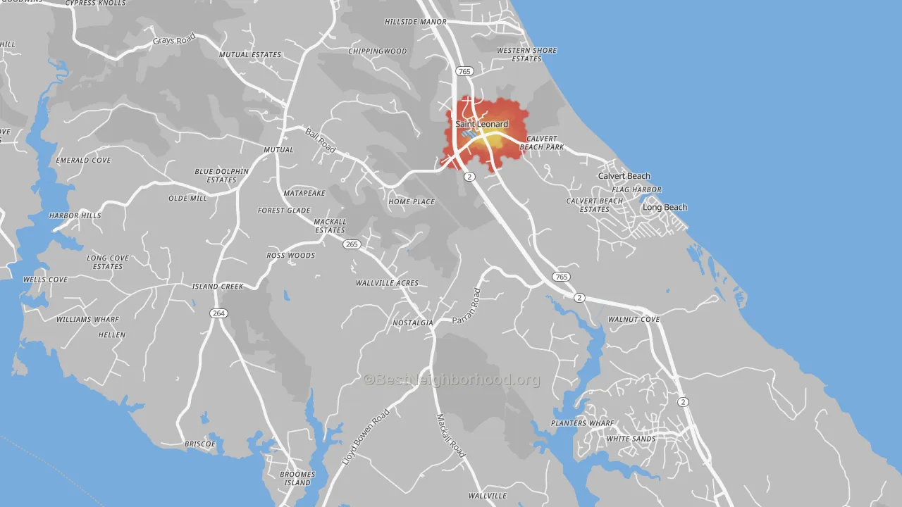 Walk Grade map of St. Leonard, MD, walkable areas in green and car-dependent areas in red