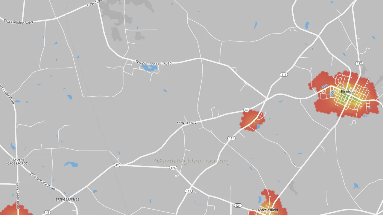 Walk Grade map of St. Lewis, NC, walkable areas in green and car-dependent areas in red