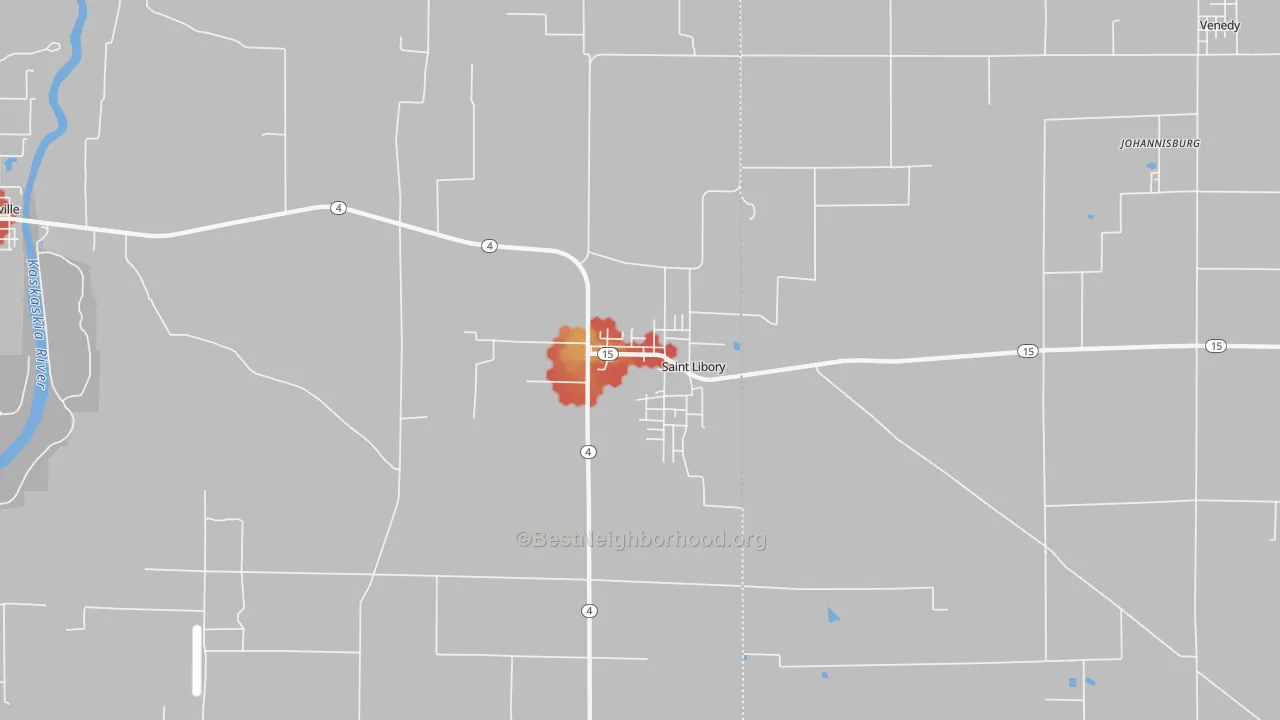 Walk Grade map of St. Libory, IL, walkable areas in green and car-dependent areas in red