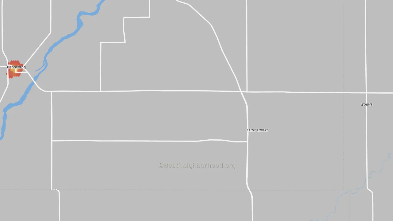 Walk Grade map of St. Libory, NE, walkable areas in green and car-dependent areas in red