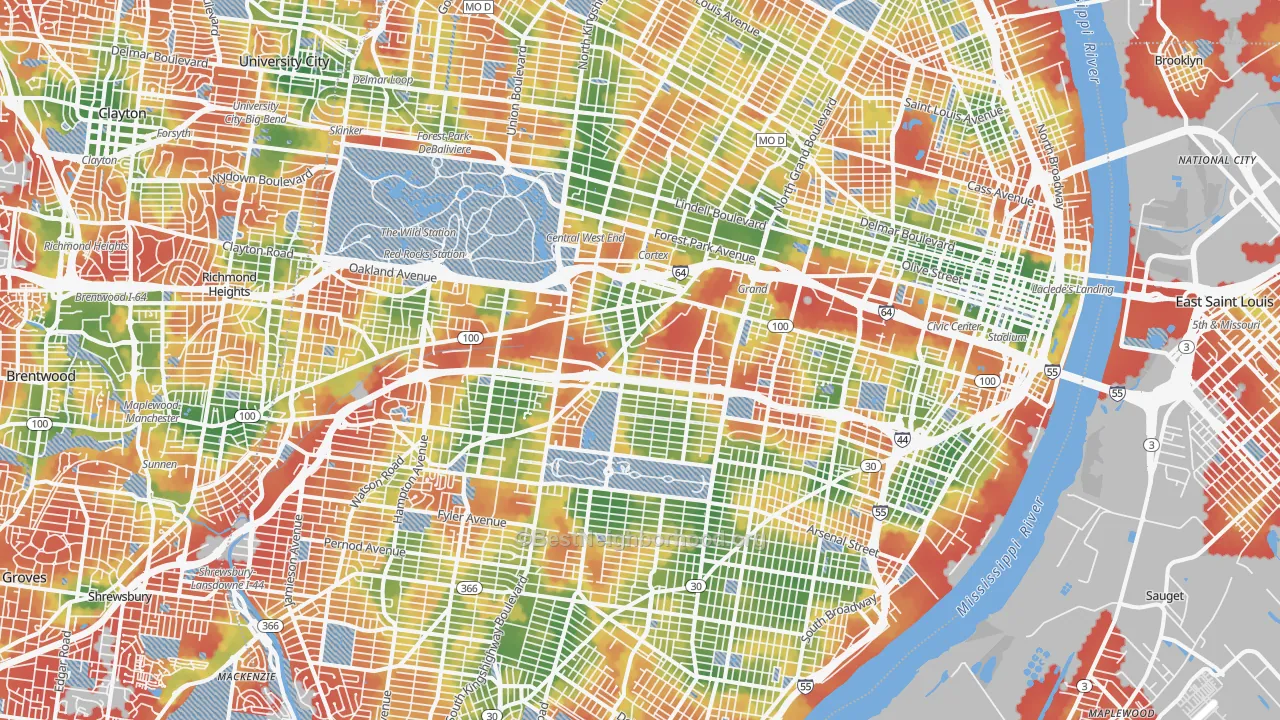 Walk Grade map of St. Louis City, MO, walkable areas in green and car-dependent areas in red