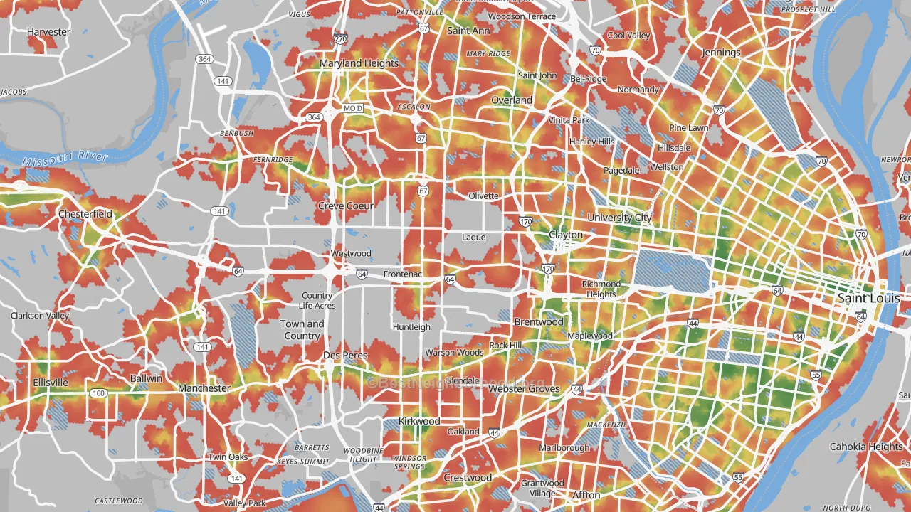 Walk Grade map of St. Louis County, MO, walkable areas in green and car-dependent areas in red