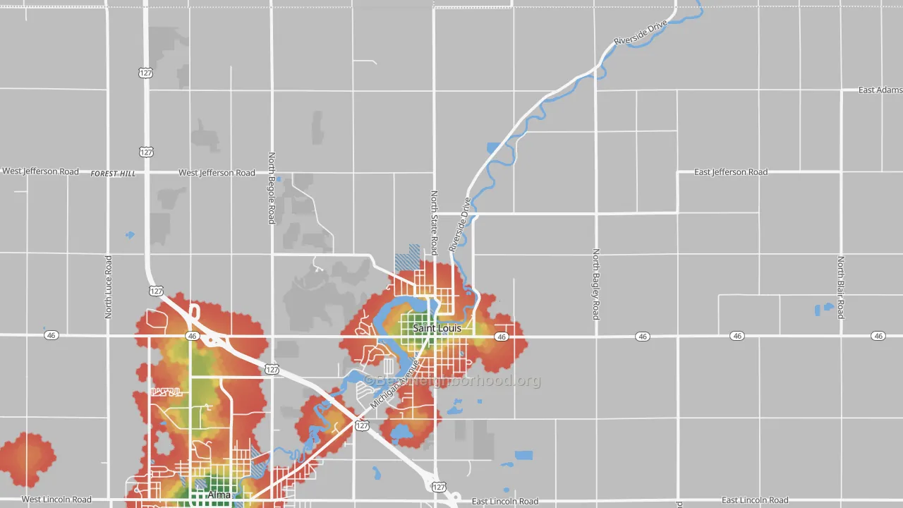 Walk Grade map of St. Louis, MI, walkable areas in green and car-dependent areas in red