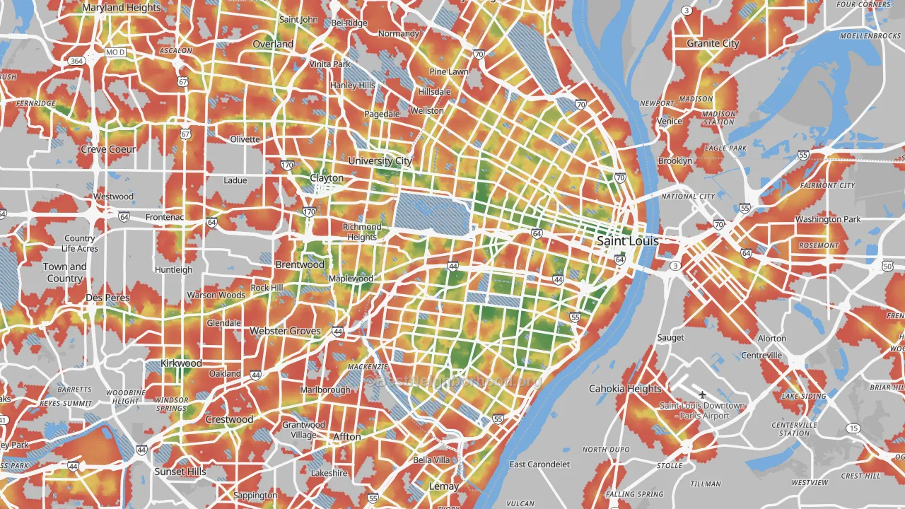 Walk Grade map of St. Louis, MO, walkable areas in green and car-dependent areas in red