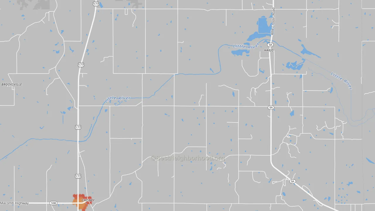 Walk Grade map of St. Louis, OK, walkable areas in green and car-dependent areas in red