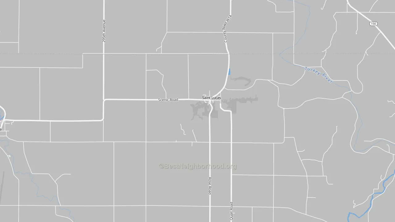 Walk Grade map of St. Lucas, IA, walkable areas in green and car-dependent areas in red