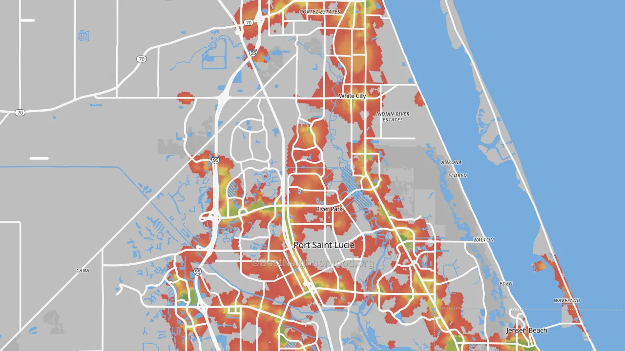 Walk Grade map of St. Lucie County, FL, walkable areas in green and car-dependent areas in red