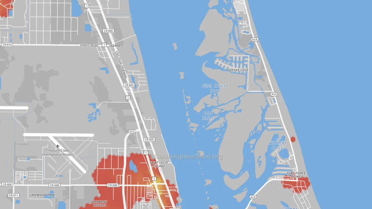 Walk Grade map of St. Lucie Village, FL, walkable areas in green and car-dependent areas in red