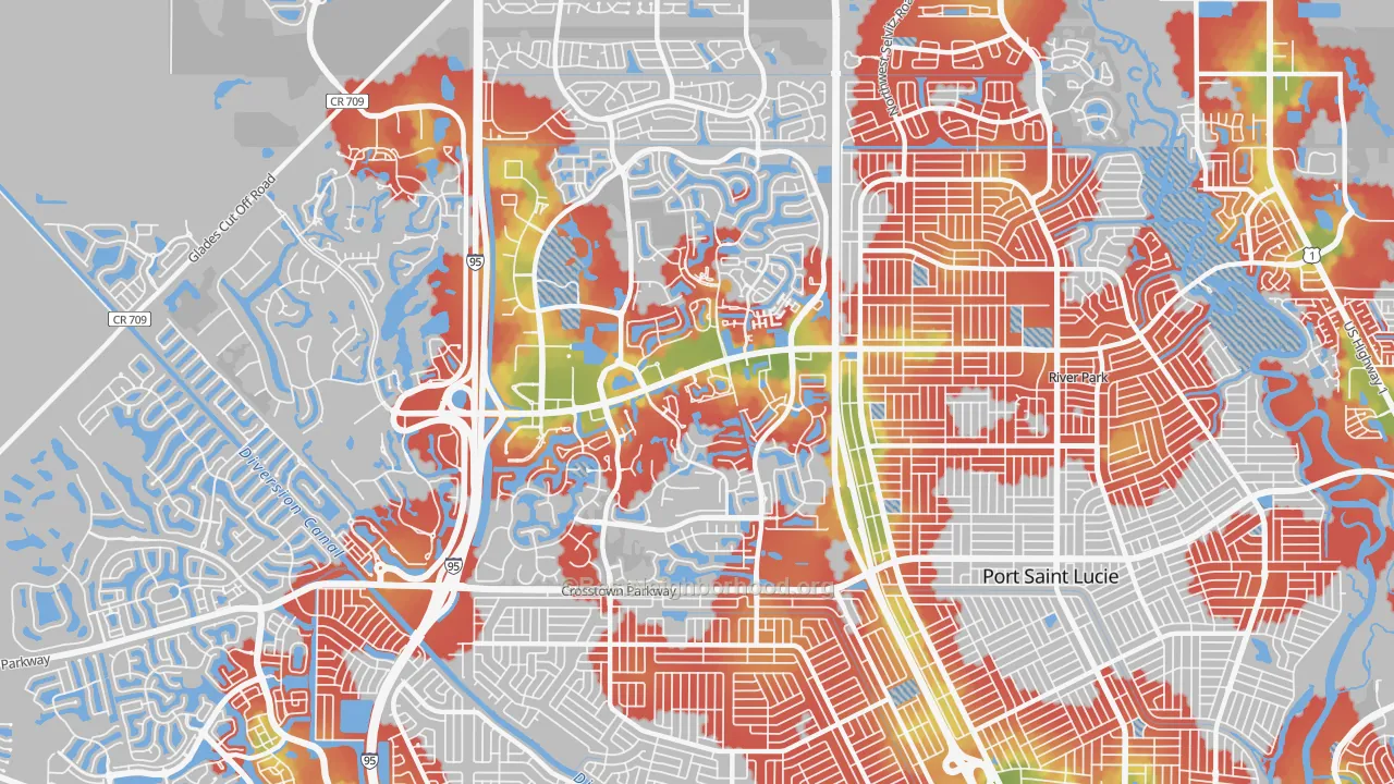 Walk Grade map of St. Lucie West, Port St. Lucie, FL, walkable areas in green and car-dependent areas in red