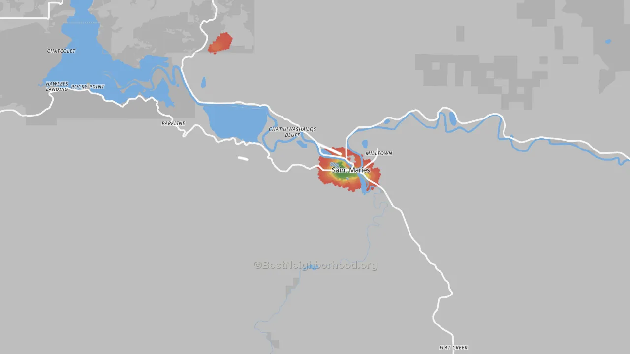 Walk Grade map of St. Maries, ID, walkable areas in green and car-dependent areas in red
