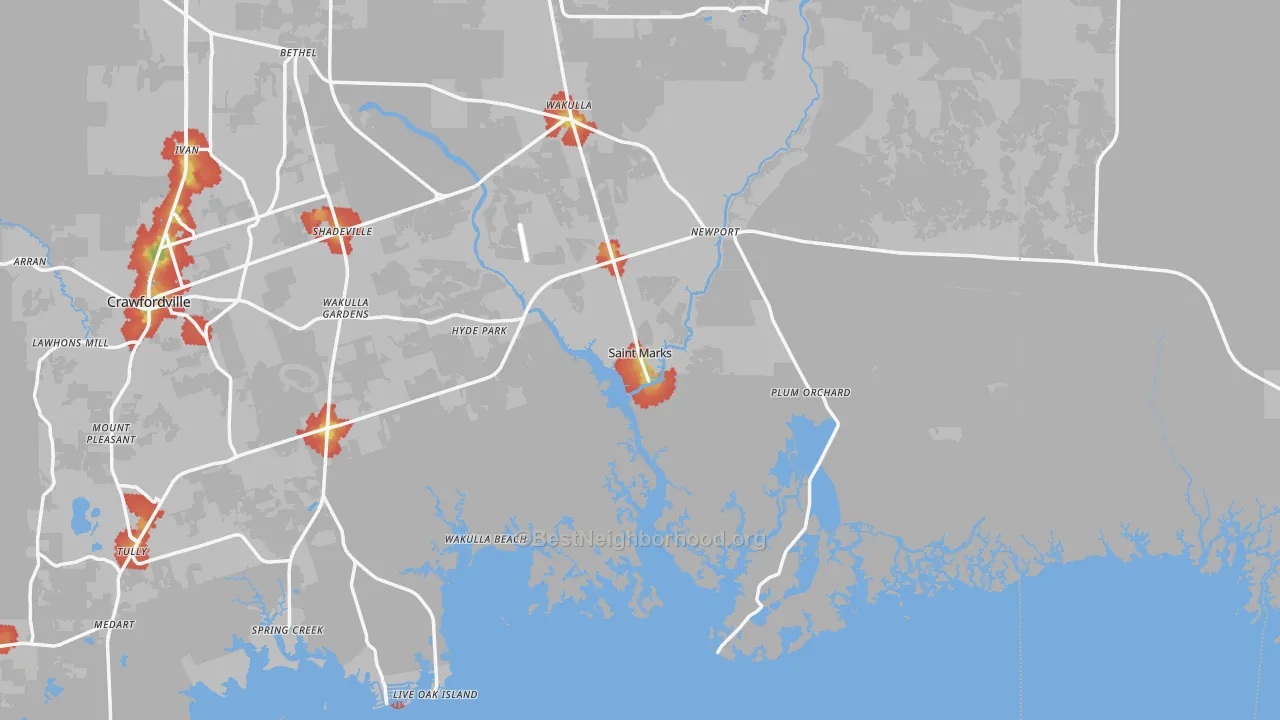 Walk Grade map of St. Marks, FL, walkable areas in green and car-dependent areas in red
