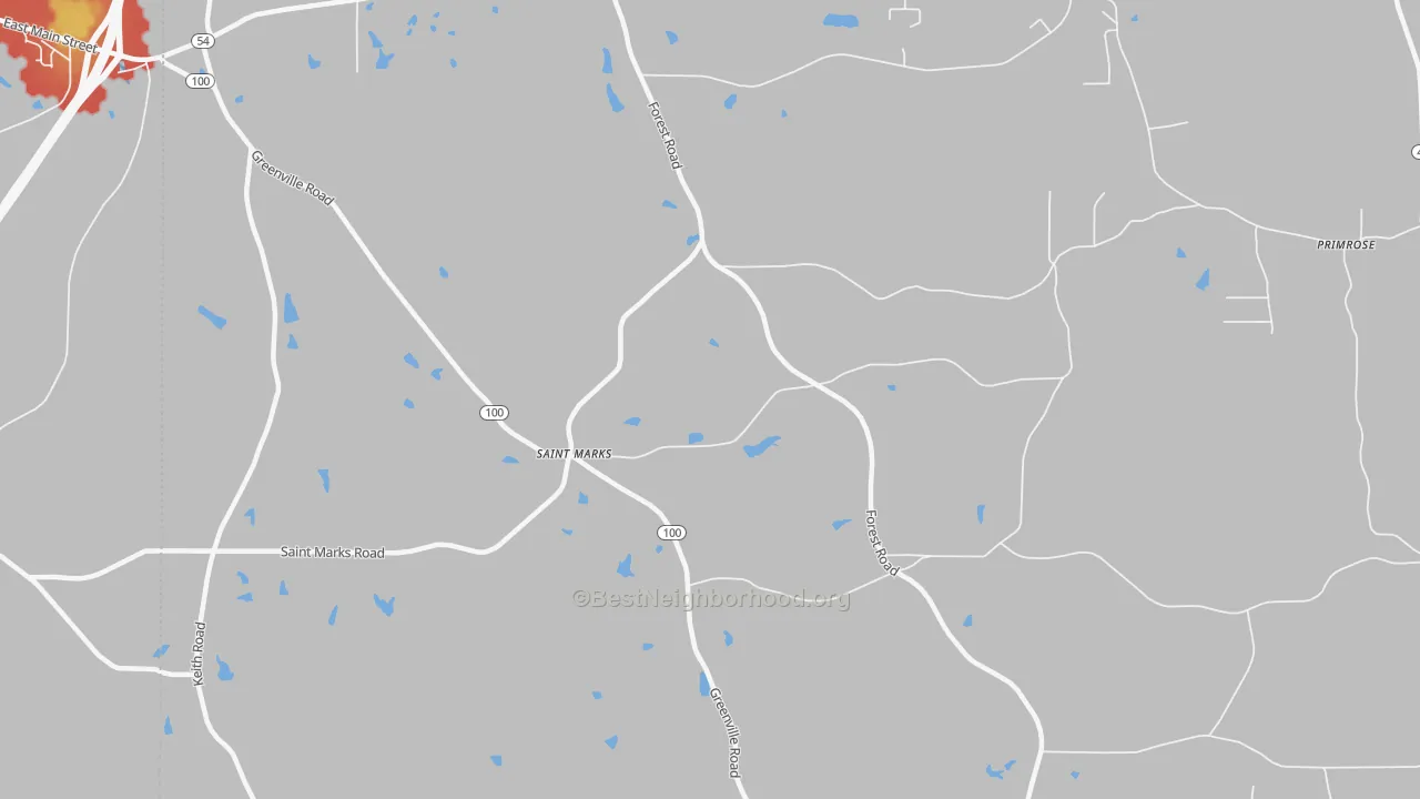 Walk Grade map of St. Marks, GA, walkable areas in green and car-dependent areas in red