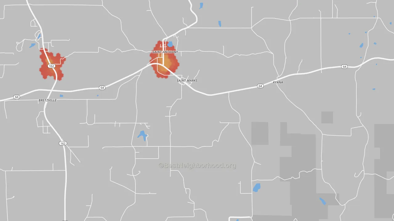Walk Grade map of St. Marks, IN, walkable areas in green and car-dependent areas in red