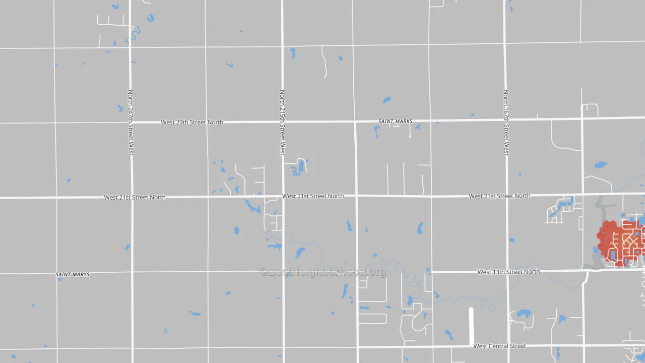 Walk Grade map of St. Marks, KS, walkable areas in green and car-dependent areas in red