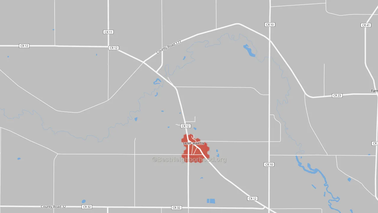 Walk Grade map of St. Martin, MN, walkable areas in green and car-dependent areas in red