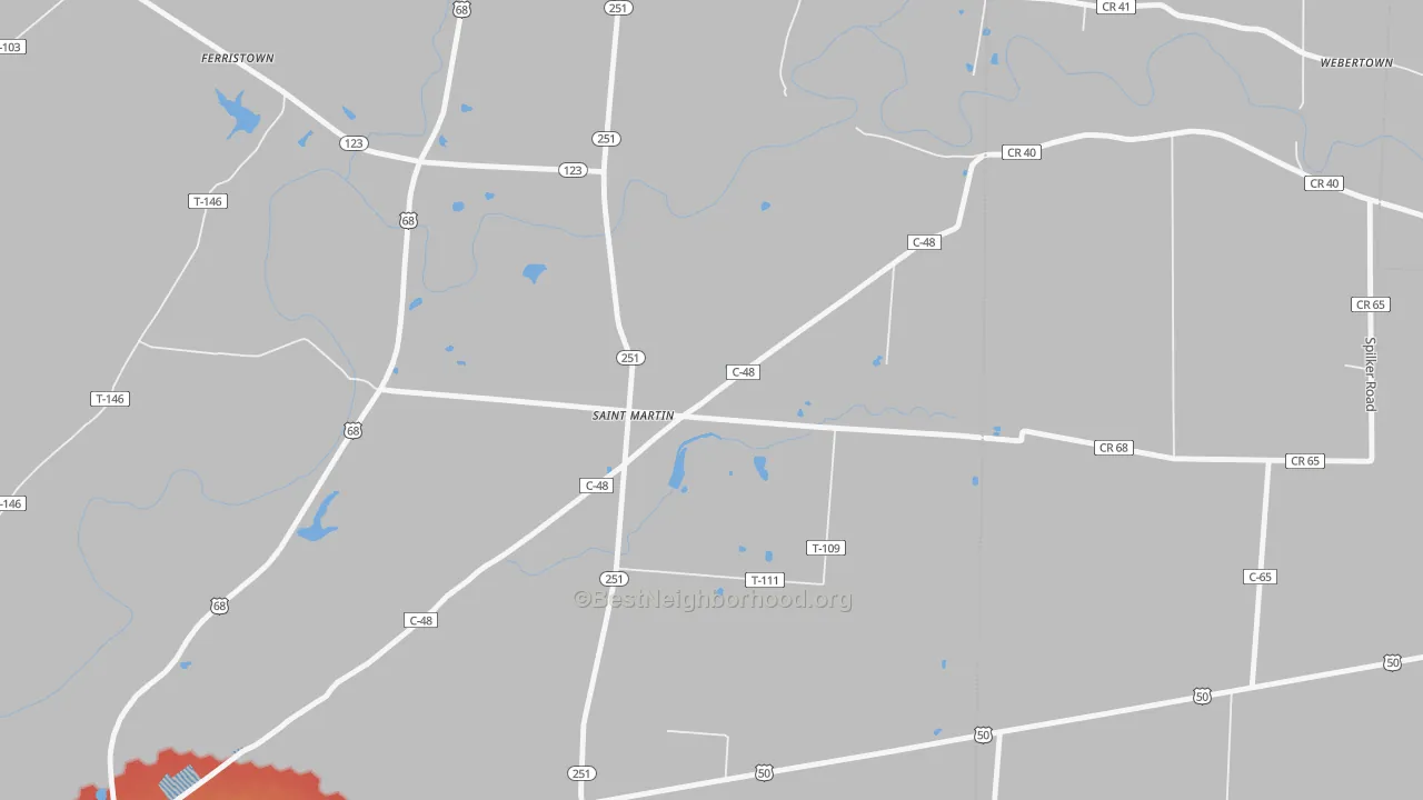 Walk Grade map of St. Martin, OH, walkable areas in green and car-dependent areas in red