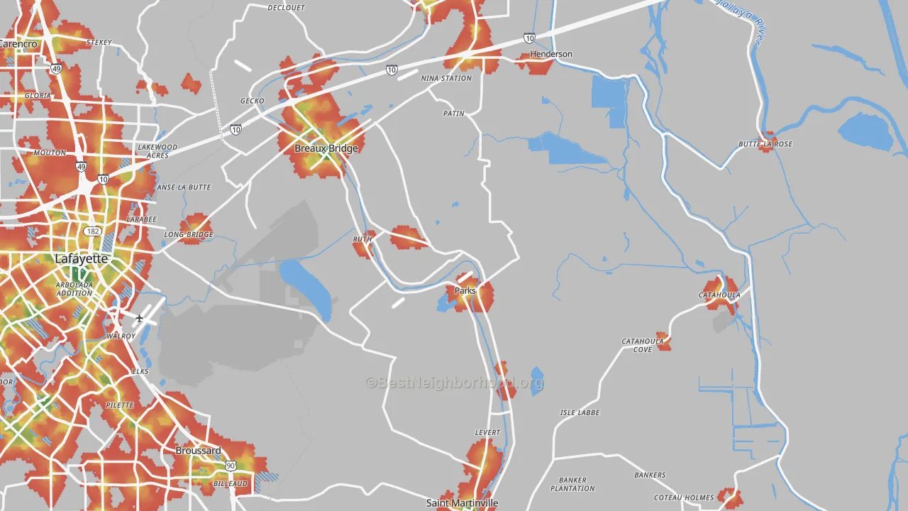 Walk Grade map of St. Martin Parish, LA, walkable areas in green and car-dependent areas in red
