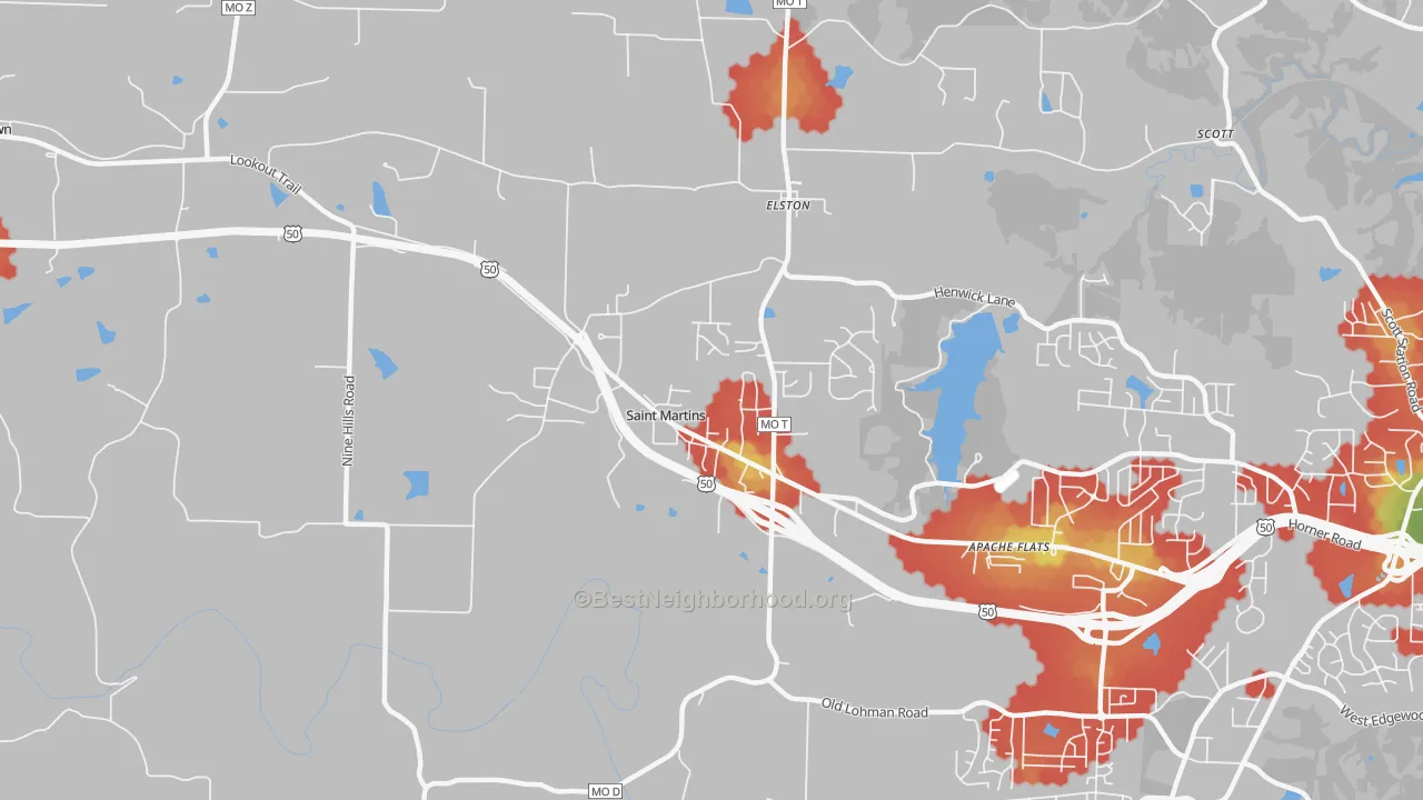 Walk Grade map of St. Martins, MO, walkable areas in green and car-dependent areas in red