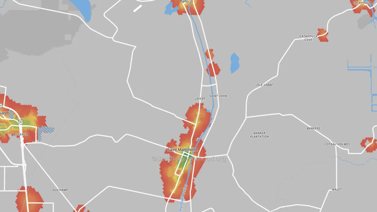 Walk Grade map of St. Martinville, LA, walkable areas in green and car-dependent areas in red