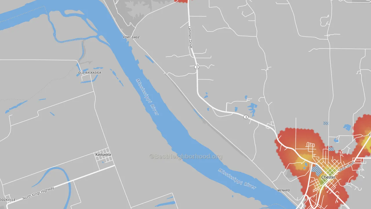 Walk Grade map of St. Mary, IL, walkable areas in green and car-dependent areas in red