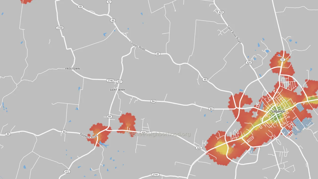 Walk Grade map of St. Mary, KY, walkable areas in green and car-dependent areas in red