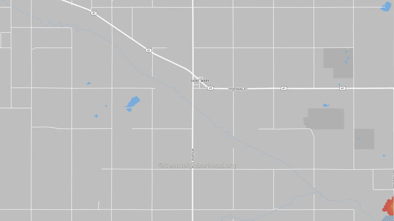 Walk Grade map of St. Mary, NE, walkable areas in green and car-dependent areas in red