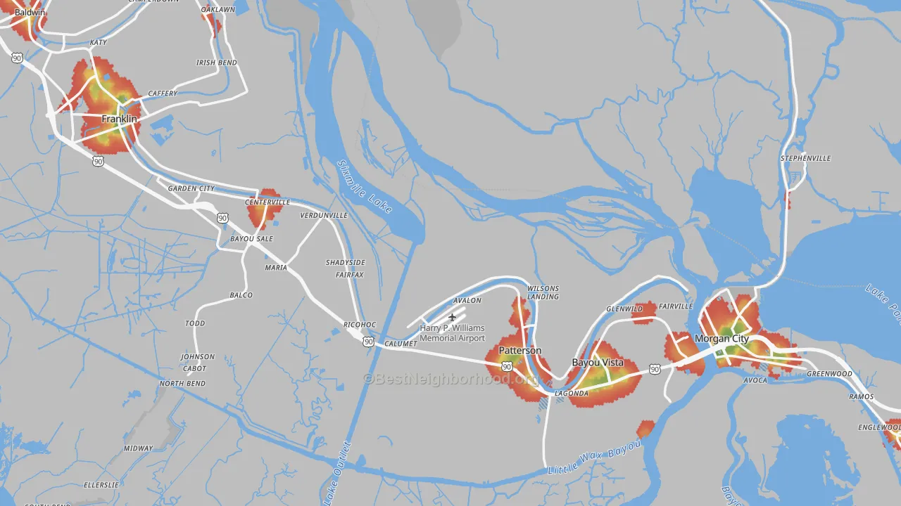 Walk Grade map of St. Mary Parish, LA, walkable areas in green and car-dependent areas in red