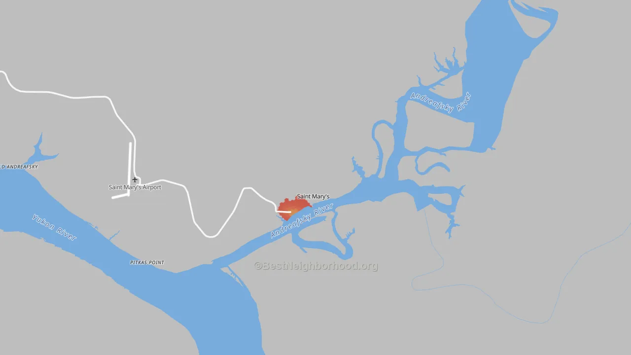 Walk Grade map of St. Marys, AK, walkable areas in green and car-dependent areas in red