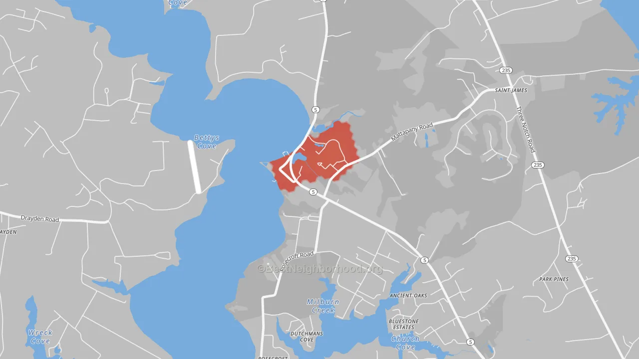 Walk Grade map of St. Marys City, MD, walkable areas in green and car-dependent areas in red