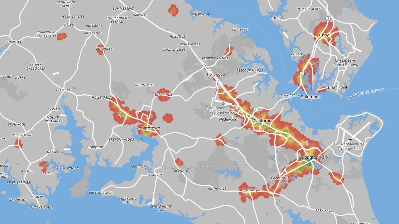 Walk Grade map of St. Mary's County, MD, walkable areas in green and car-dependent areas in red