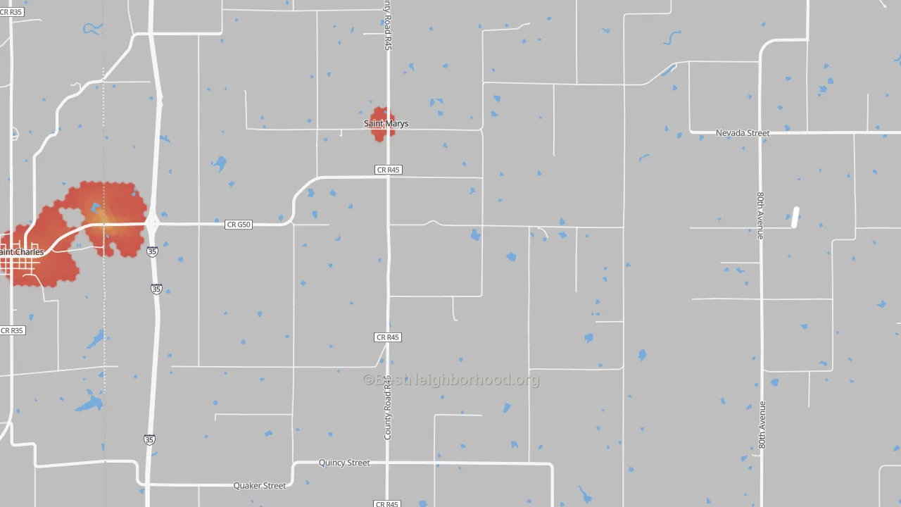 Walk Grade map of St. Marys, IA, walkable areas in green and car-dependent areas in red