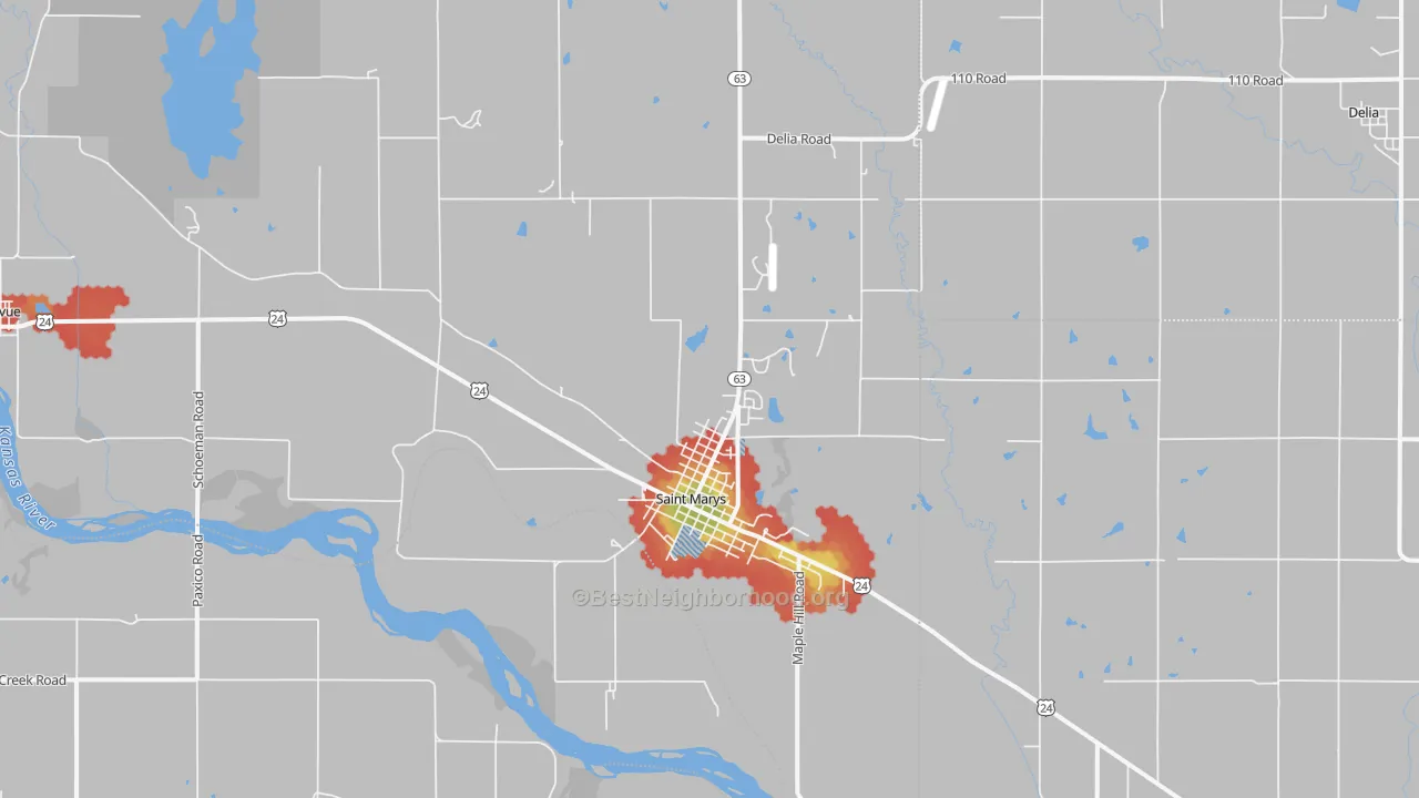 Walk Grade map of St. Marys, KS, walkable areas in green and car-dependent areas in red